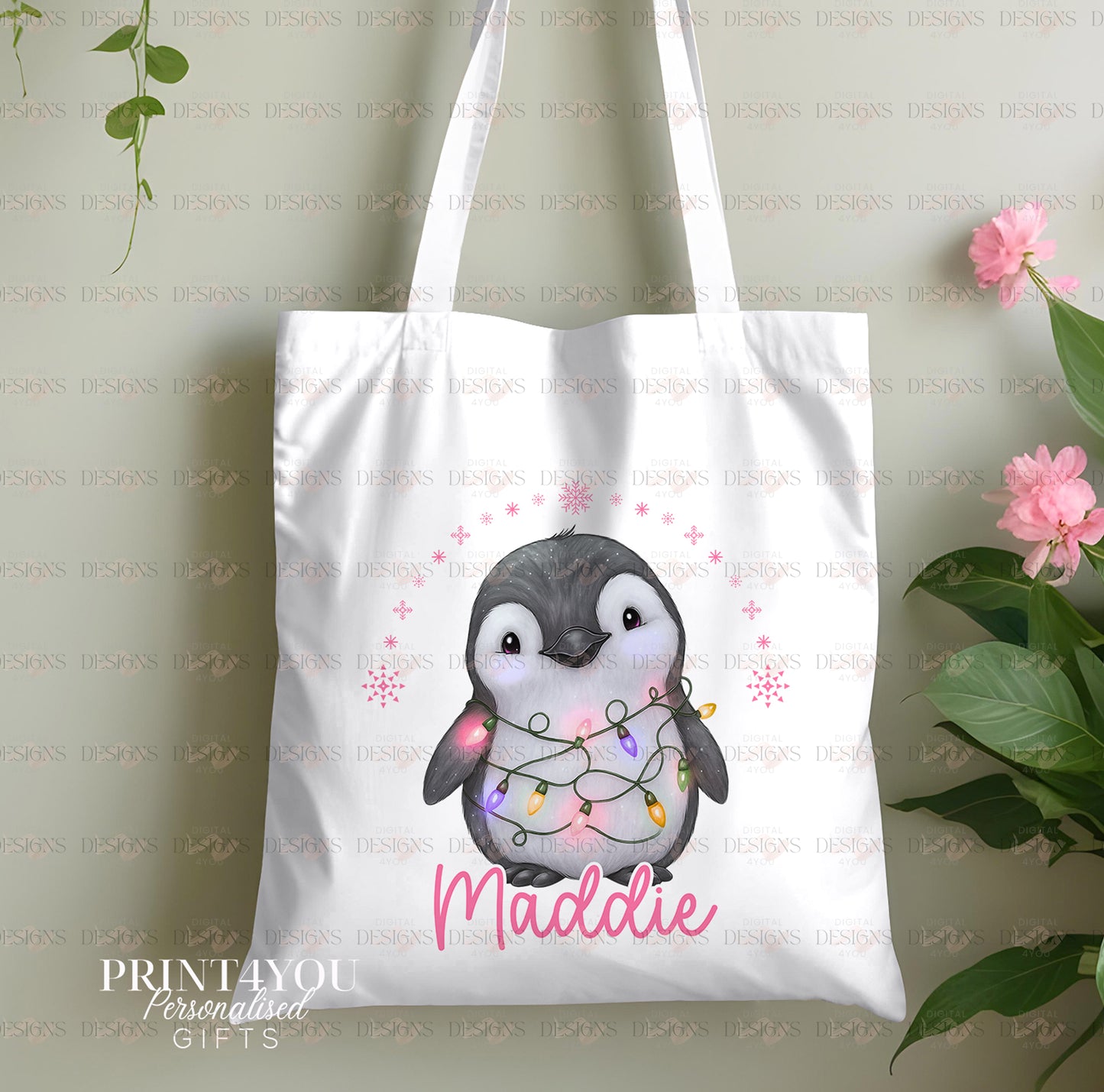Digital Design – 10 x PNG images – Penguin Tangled in Lightswith coloured arch.