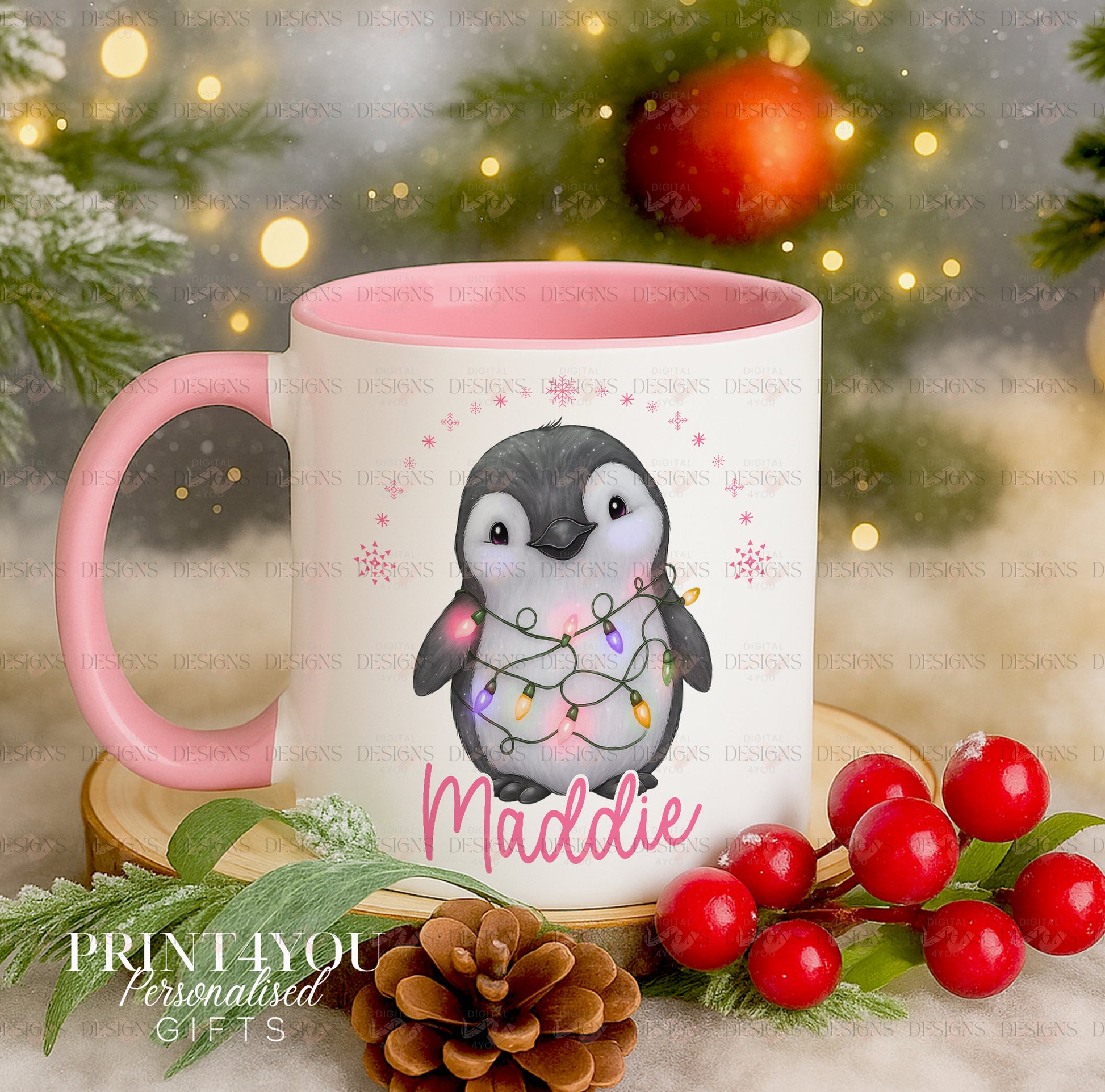 Digital Design – 10 x PNG images – Penguin Tangled in Lightswith coloured arch.