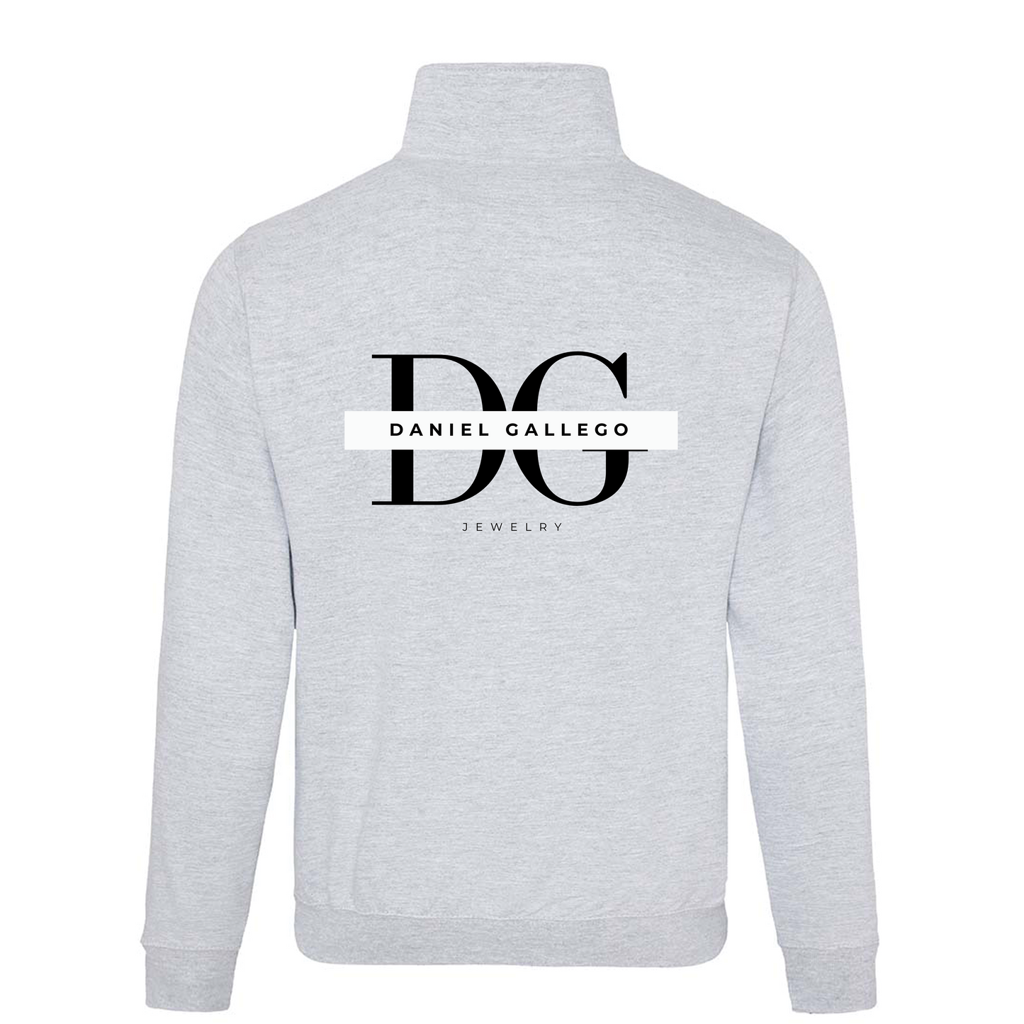 Back view of the heather grey personalised 3/4 zip hoodie showing the logo placement