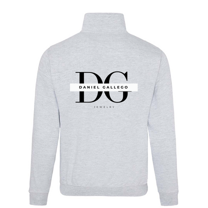 Back view of the heather grey personalised 3/4 zip hoodie showing the logo placement