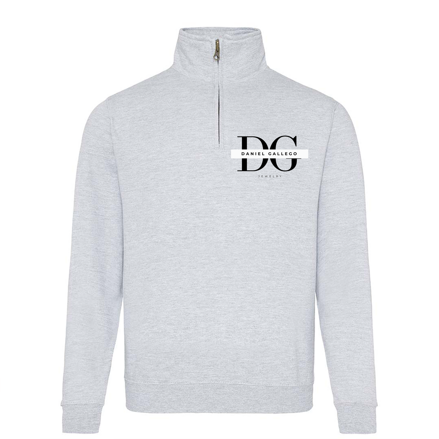 Front view of the heather grey personalised quarter-zip hoodie