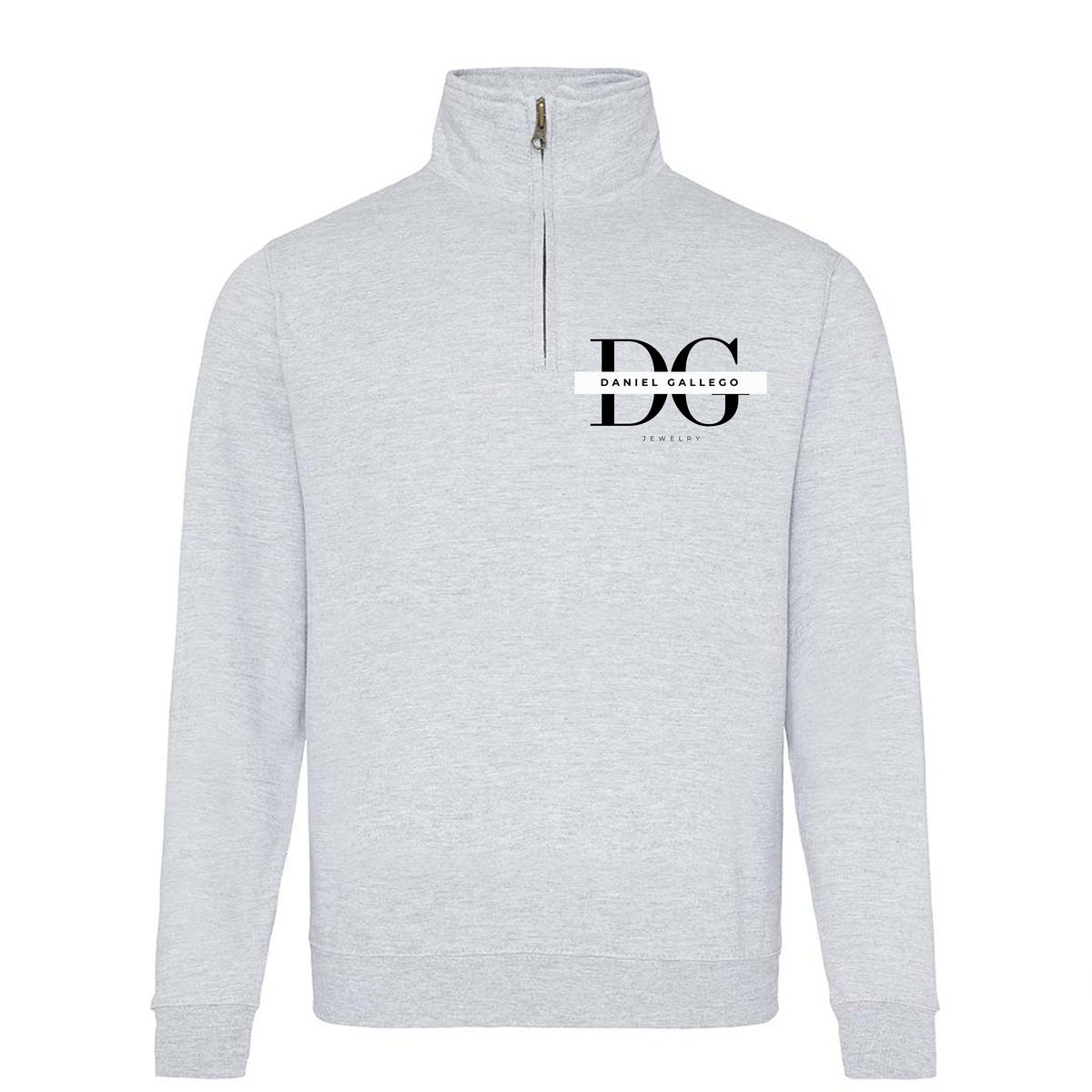 Front view of the heather grey personalised quarter-zip hoodie