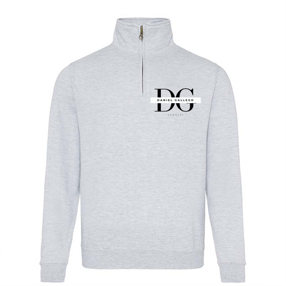 Front view of the heather grey personalised quarter-zip hoodie