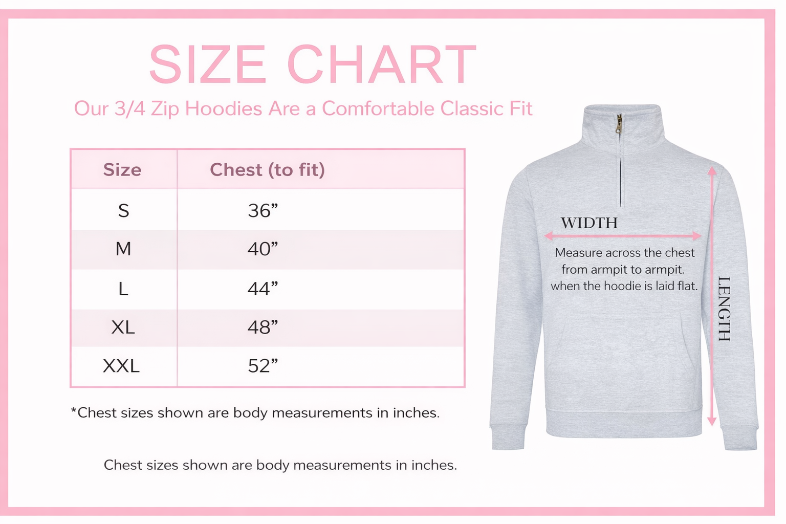 Size guide chart for the personalised children's 3/4 zip hoodie