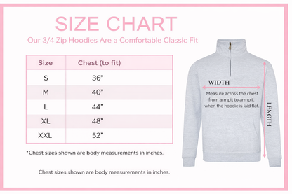 Size guide chart for the personalised children's 3/4 zip hoodie