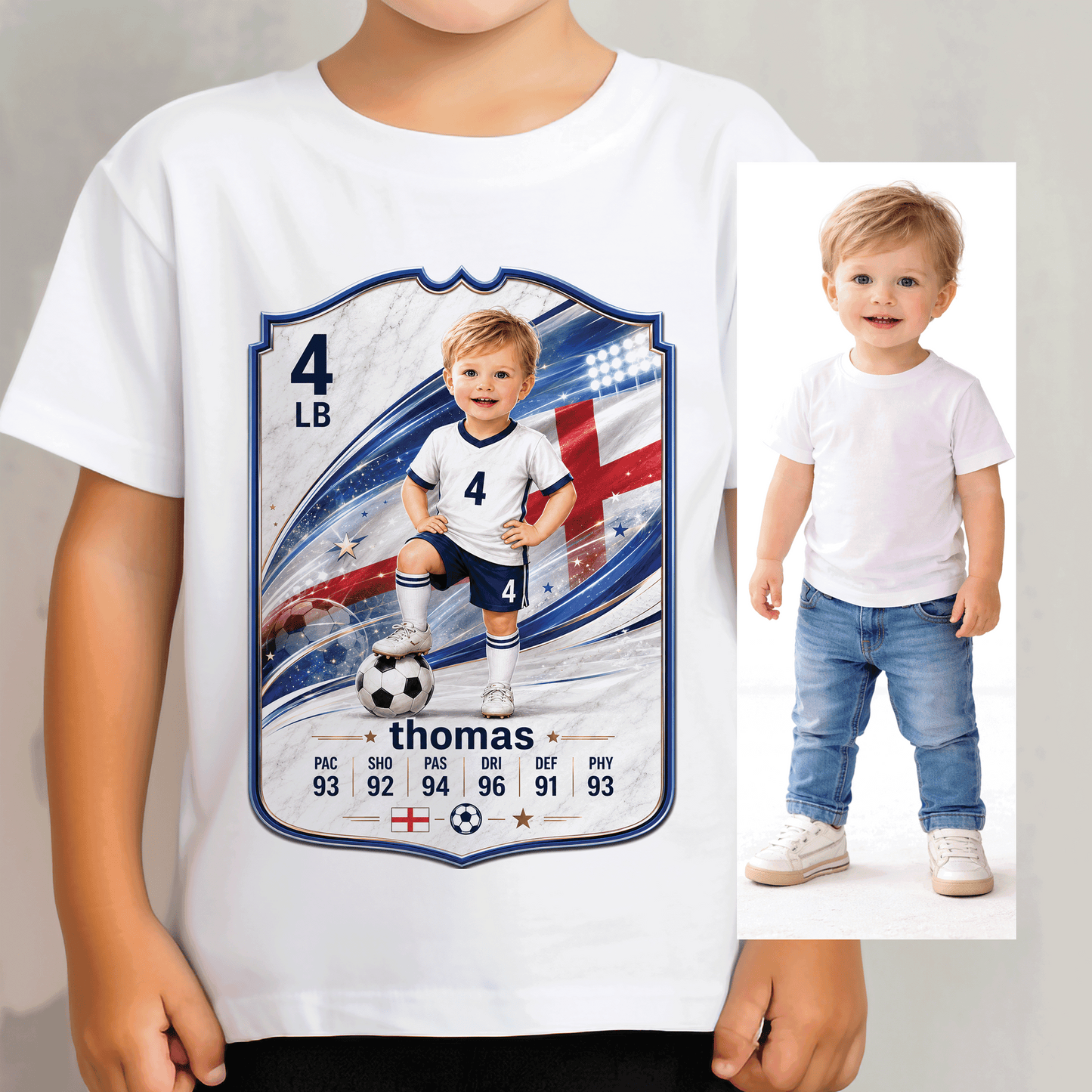 Square greeting card showing the football card t-shirt design