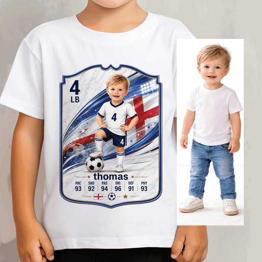 Square greeting card showing the football card t-shirt design