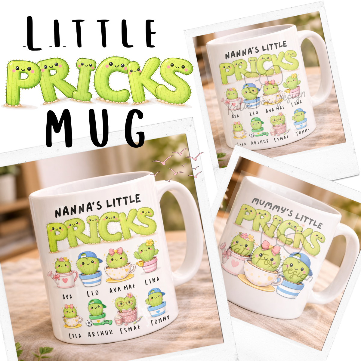 Close-up of the personalised Little Pricks cactus mug design, available for Mummy or Nanna