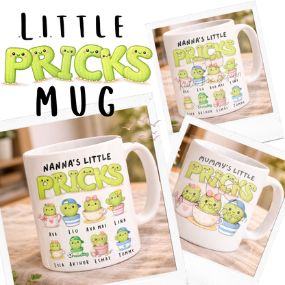 Close-up of the personalised Little Pricks cactus mug design, available for Mummy or Nanna