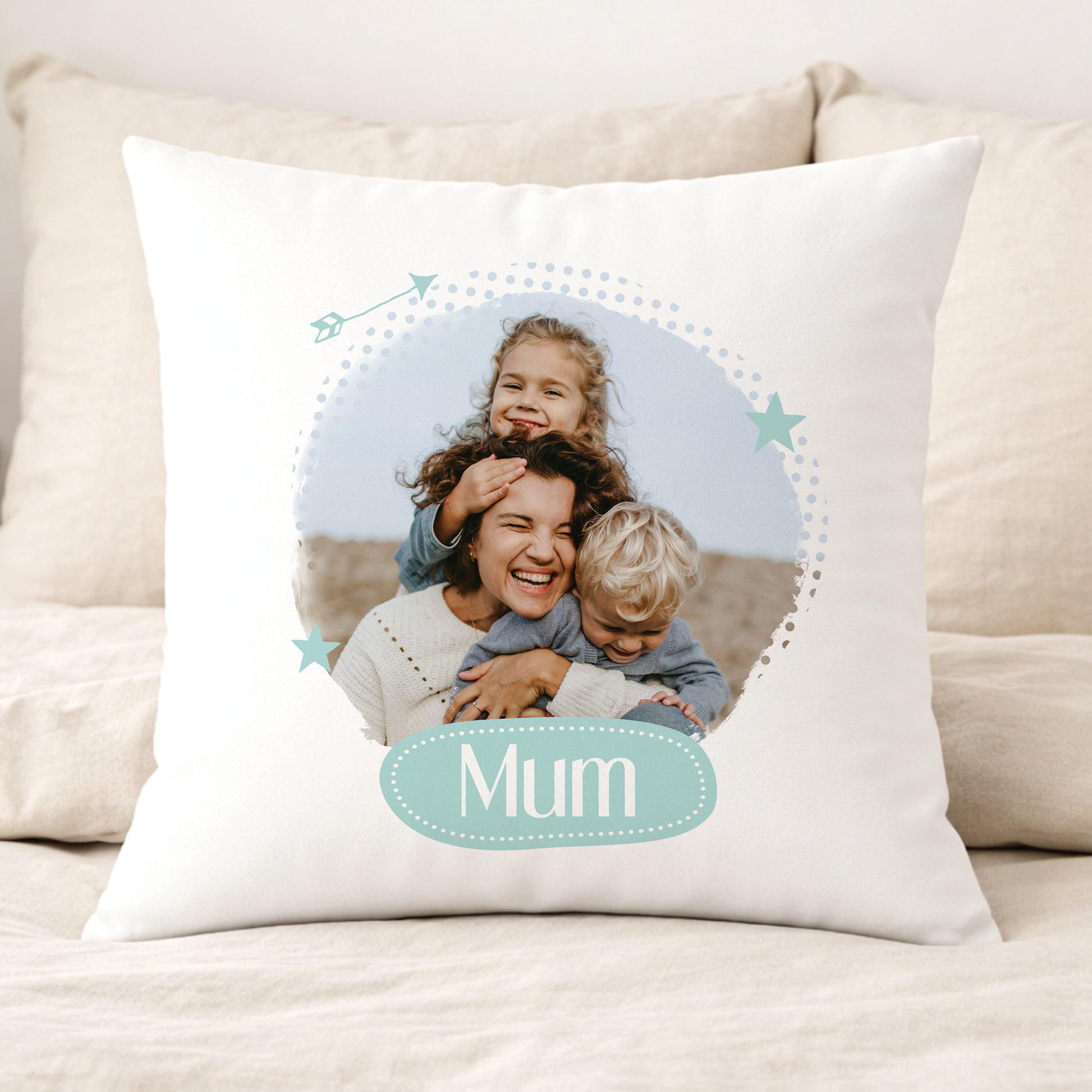 Personalised mum photo cushion featuring a favourite photograph inside a teal frame with a printed name