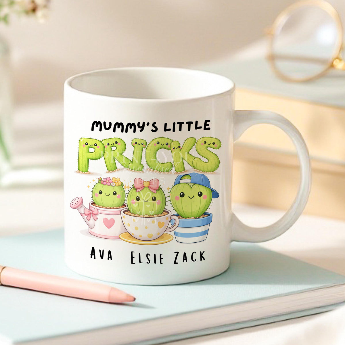White mug printed with the personalised 'Little Pricks' Mummy cactus design