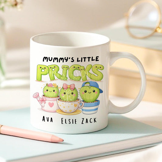 White mug printed with the personalised 'Little Pricks' Mummy cactus design