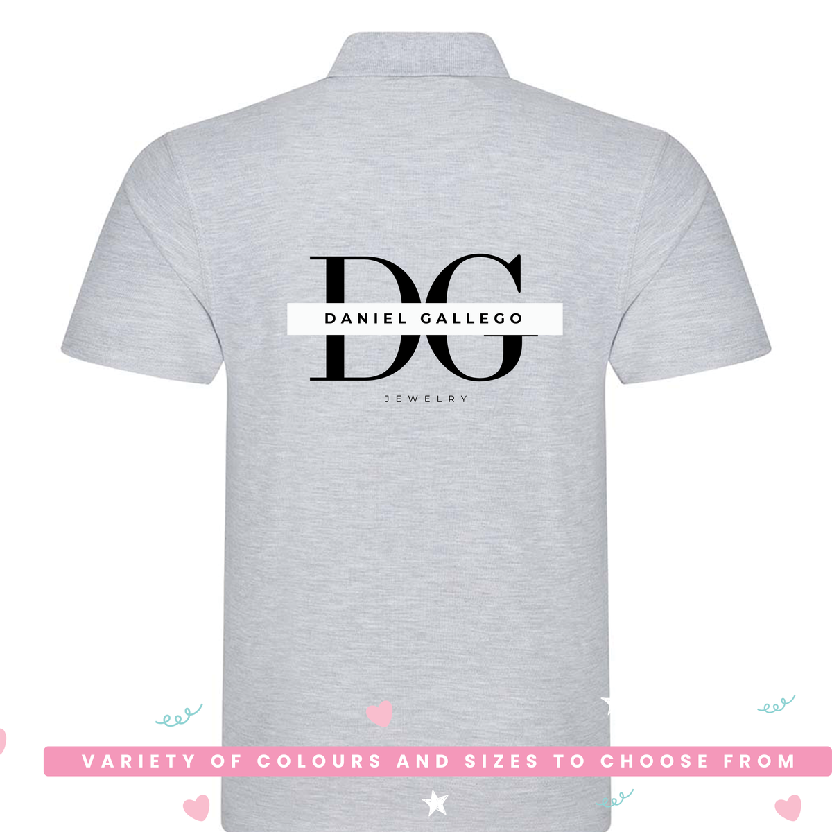 Back view of the personalised polo shirt with logo printed across the shoulders