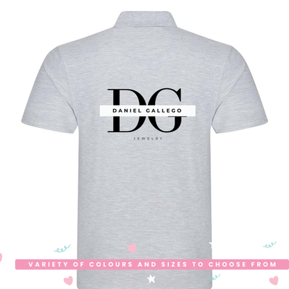 Back view of the personalised polo shirt with logo printed across the shoulders
