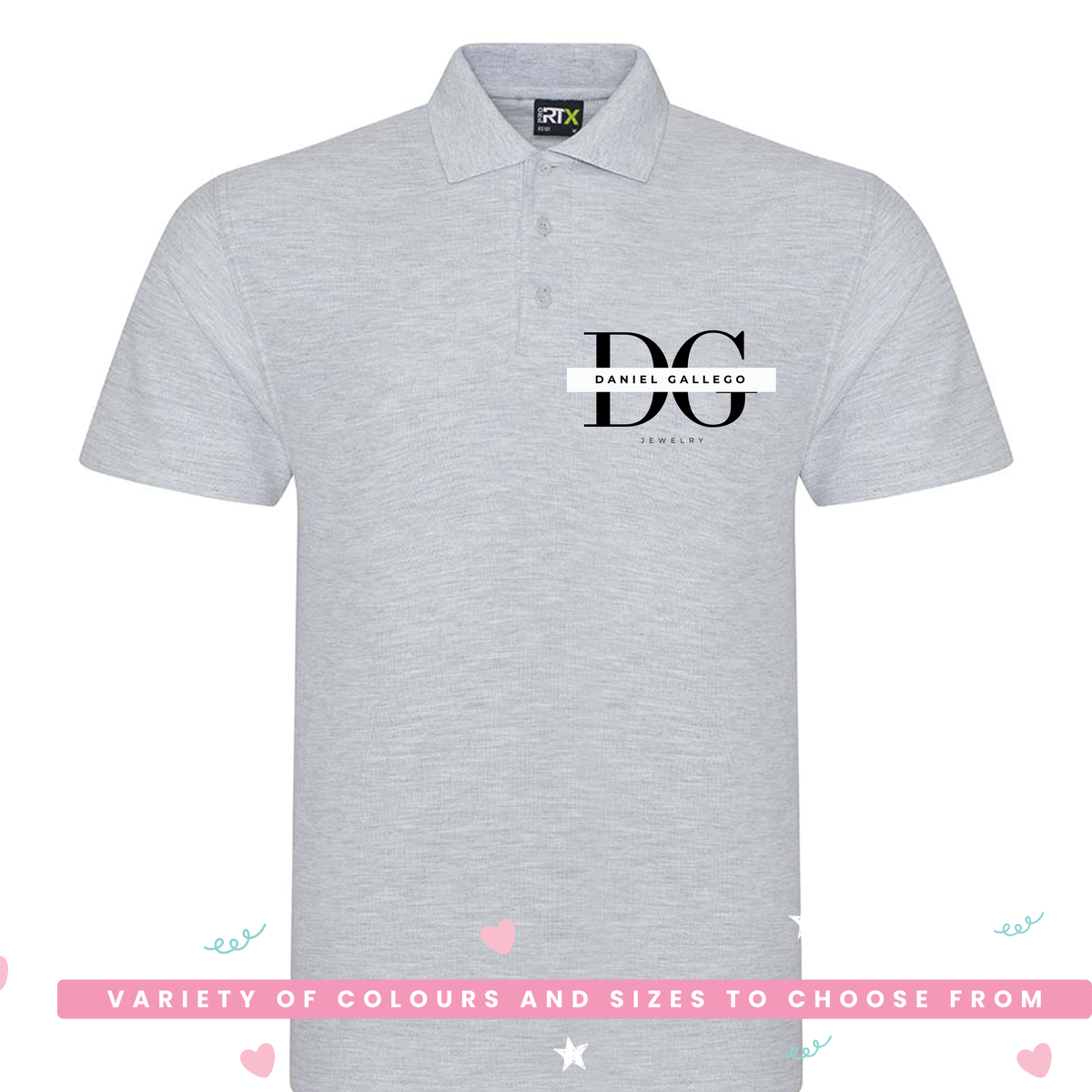 Front view of the personalised polo shirt with logo printed on the chest
