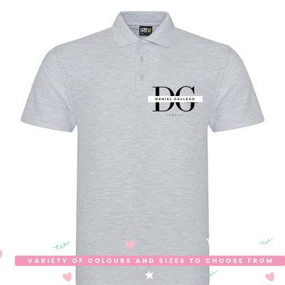 Front view of the personalised polo shirt with logo printed on the chest