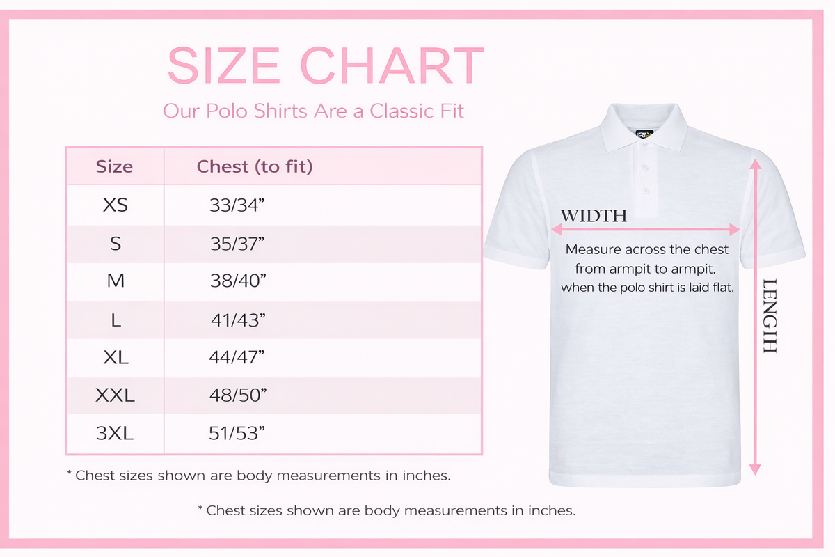 Size guide chart for the personalised polo shirt, XS to 3XL
