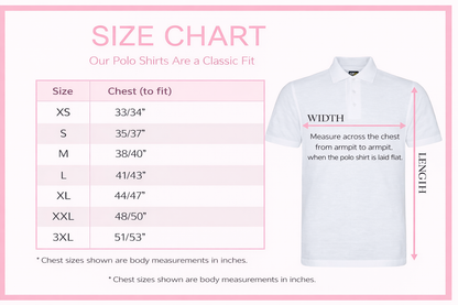 Size guide chart for the personalised polo shirt, XS to 3XL