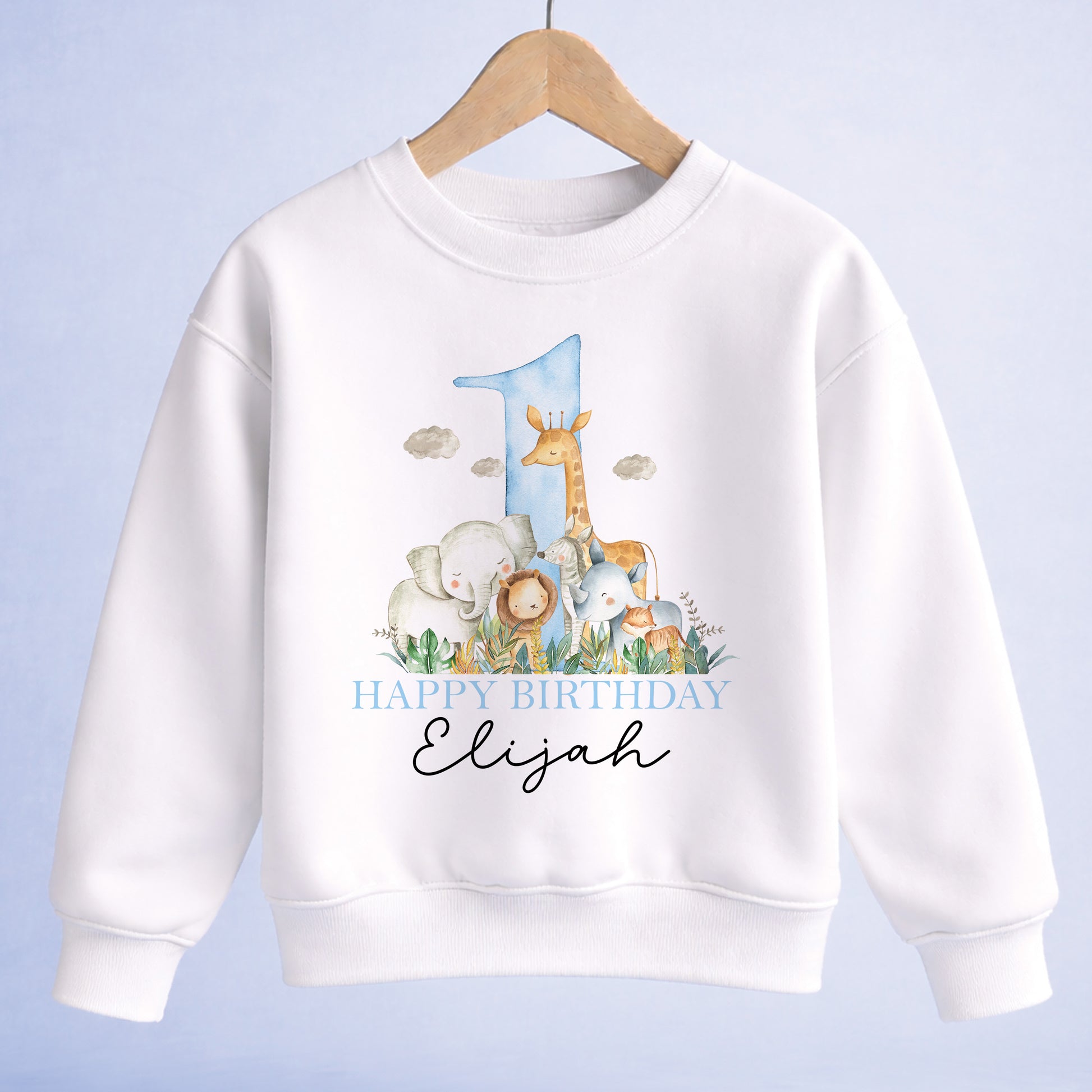 Personalised safari 1st birthday sweatshirt with blue number one and jungle animals