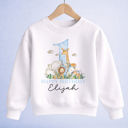 Personalised safari 1st birthday sweatshirt with blue number one and jungle animals