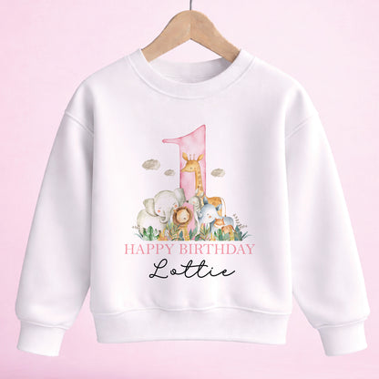 Personalised safari 1st birthday sweatshirt with pink number one and jungle animals