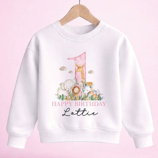 Personalised safari 1st birthday sweatshirt with pink number one and jungle animals