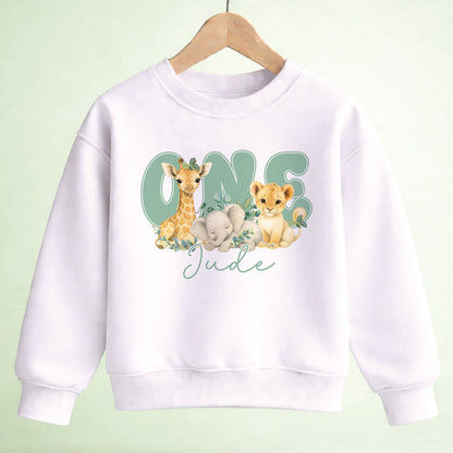 Personalised Safari 1st Birthday Shirt or Sweatshirt – Jungle ONE Outfit - 1-2 years SWEATSHIRT