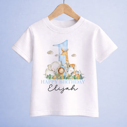 Personalised safari 1st birthday t shirt with blue number one and jungle animals