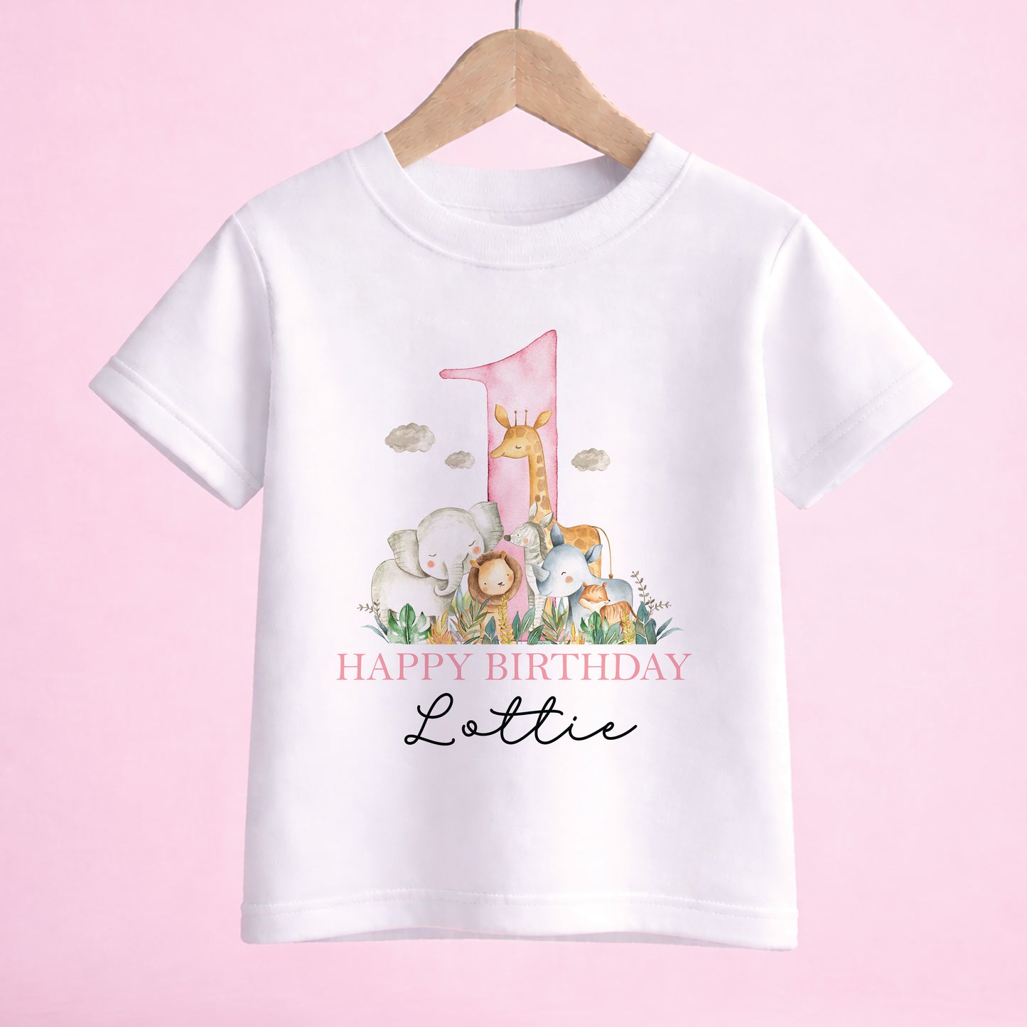 Personalised safari 1st birthday t shirt with pink number one and jungle animals