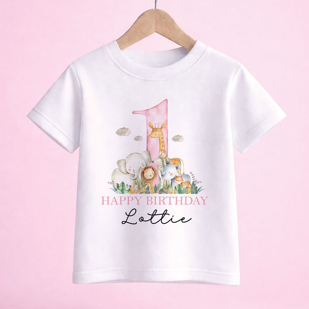 Personalised safari 1st birthday t shirt with pink number one and jungle animals