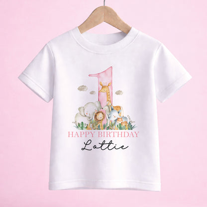 Personalised safari 1st birthday t shirt with pink number one and jungle animals
