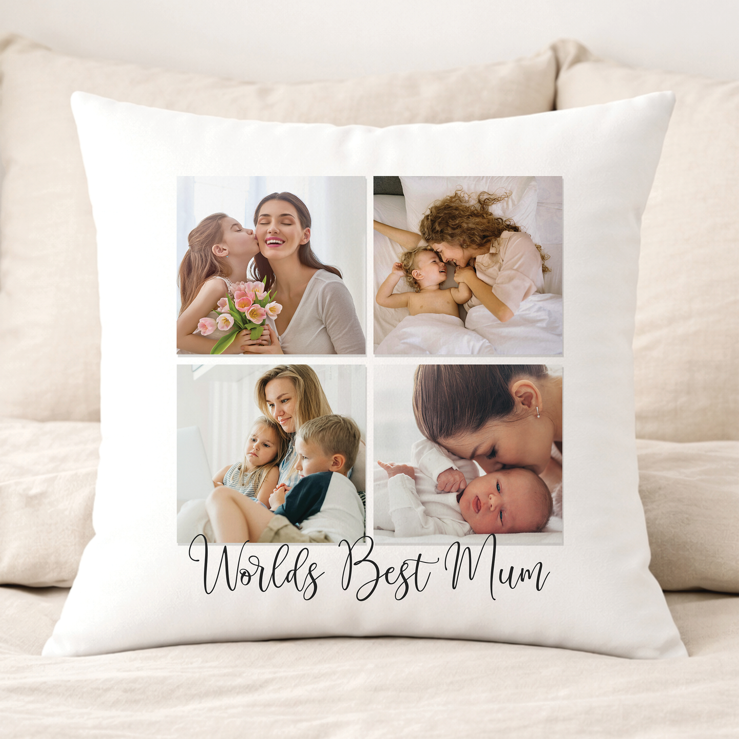 White square cushion on a bed, printed with a grid of four family photographs and the caption 'Worlds Best Mum' in cursive script beneath them