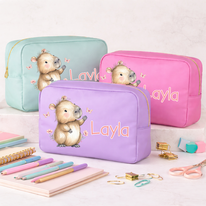Personalised Capybara Makeup Bag – Custom Name Cosmetic Bag, Kids Pencil Case, Baby Nappy Organiser, Cute Capybara Gift - Pink