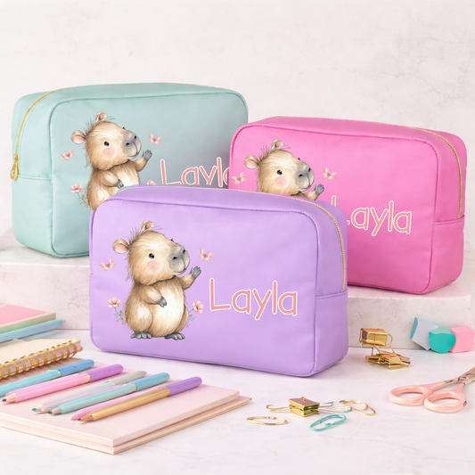 Personalised Capybara Makeup Bag – Custom Name Cosmetic Bag, Kids Pencil Case, Baby Nappy Organiser, Cute Capybara Gift - Pink