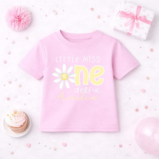 Personalised Little Miss ONEderful daisy first birthday T-shirt with a custom name printed underneath.
