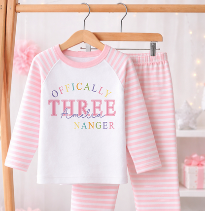 Personalised pink striped 3rd birthday pyjamas with custom name print for girls