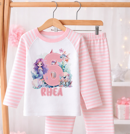 Personalised pink striped mermaid pyjamas with custom name print for girls