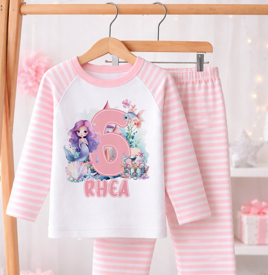 Personalised pink striped mermaid pyjamas with custom name print for girls