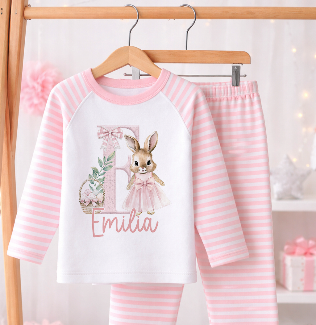 Personalised pink bunny pyjamas with custom name print for girls