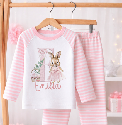 Personalised pink bunny pyjamas with custom name print for girls