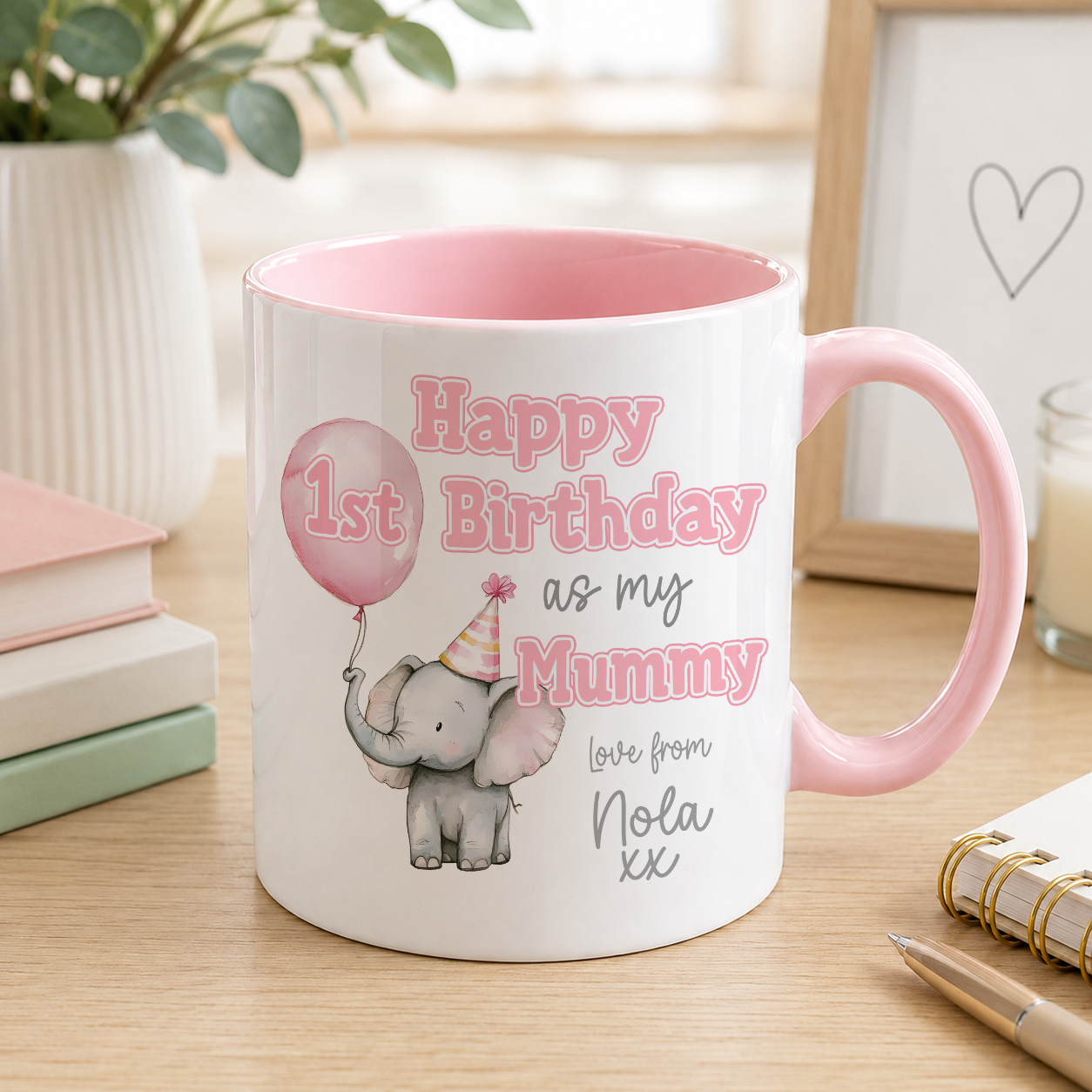 Pink personalised 1st Birthday as Mummy mug with a baby elephant and balloon design and custom name
