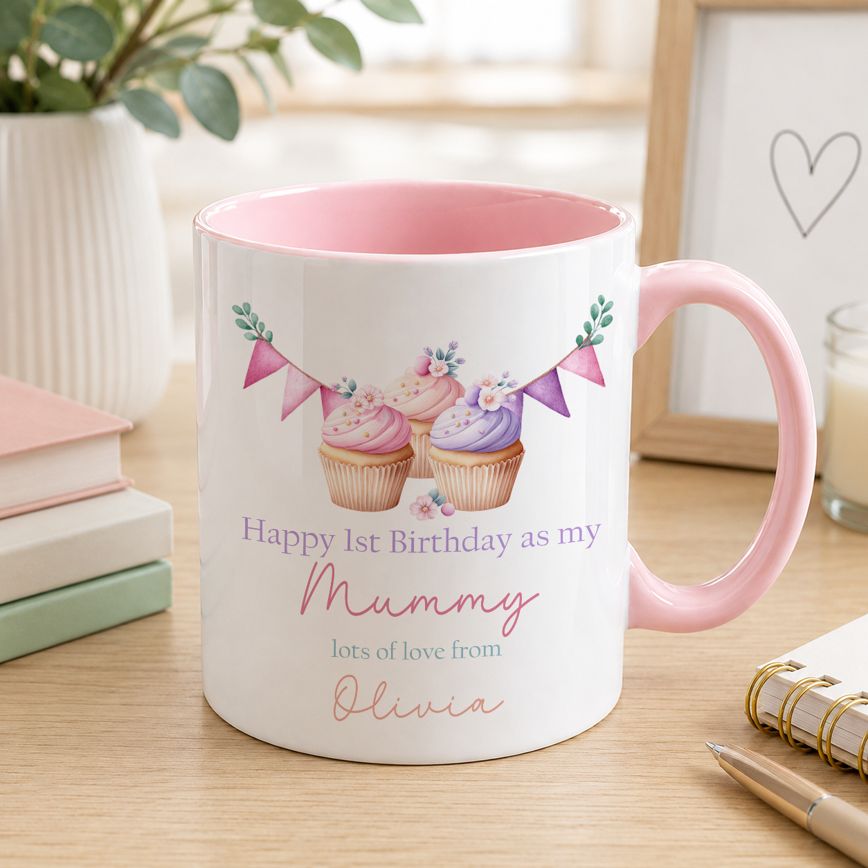 Pink personalised 1st Birthday as Mummy mug with a pastel cupcake and bunting design and custom name
