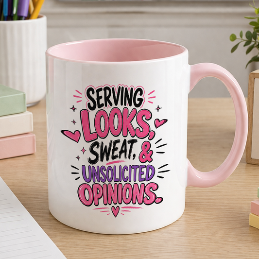 Pink handled 11oz ceramic menopause mug printed with the slogan Serving looks, sweat and unsolicited opinions