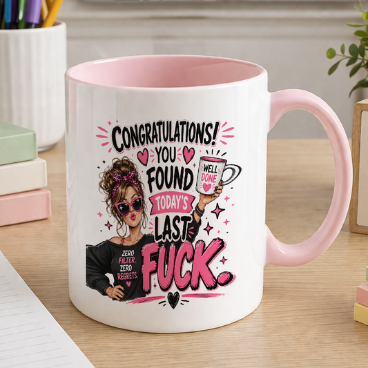 Pink handled 11oz ceramic mug printed with a cheeky adult-humour menopause slogan