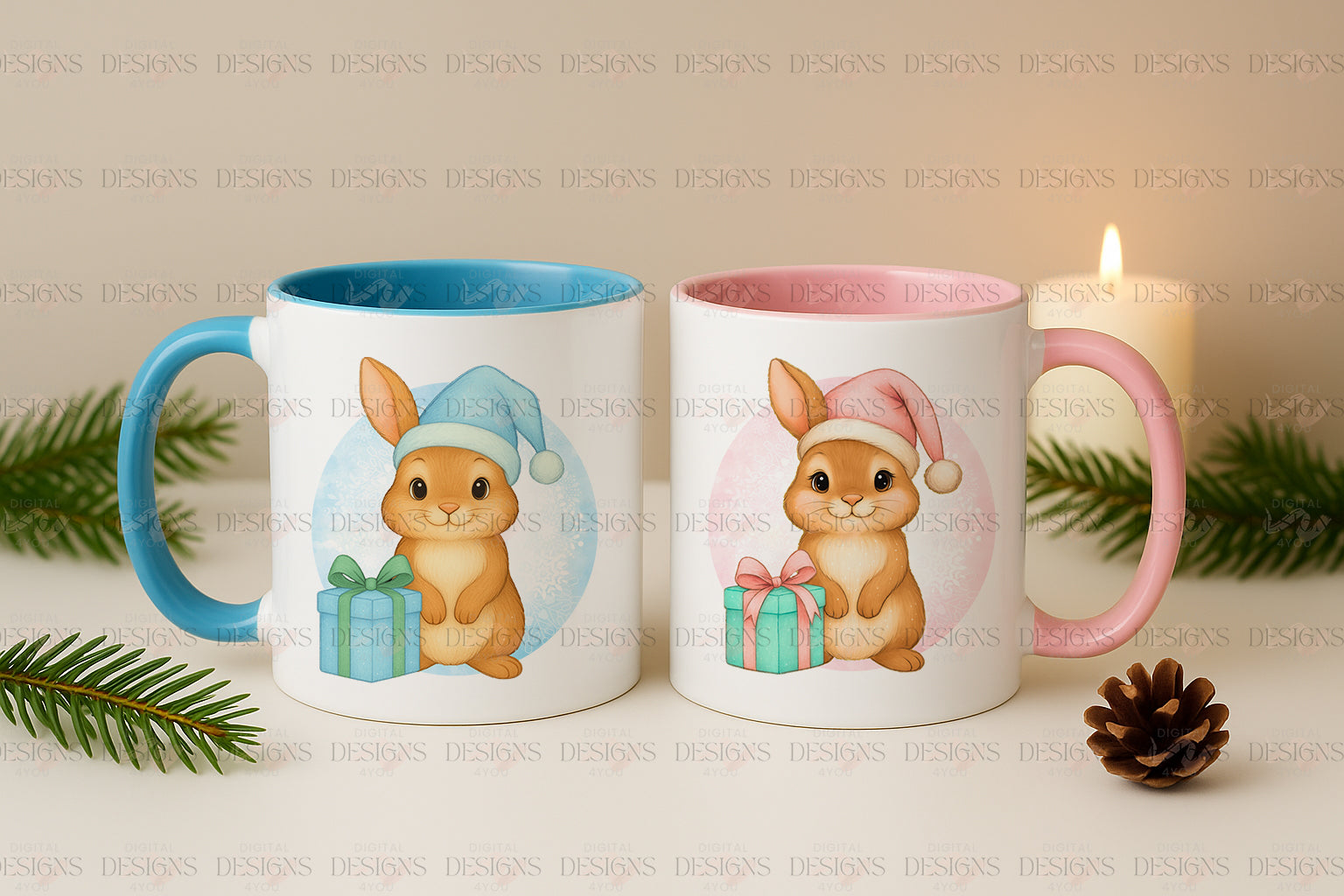 Festive Bunny PNG Set – Exclusive Pink & Blue Holiday Bunny Graphics Bundle