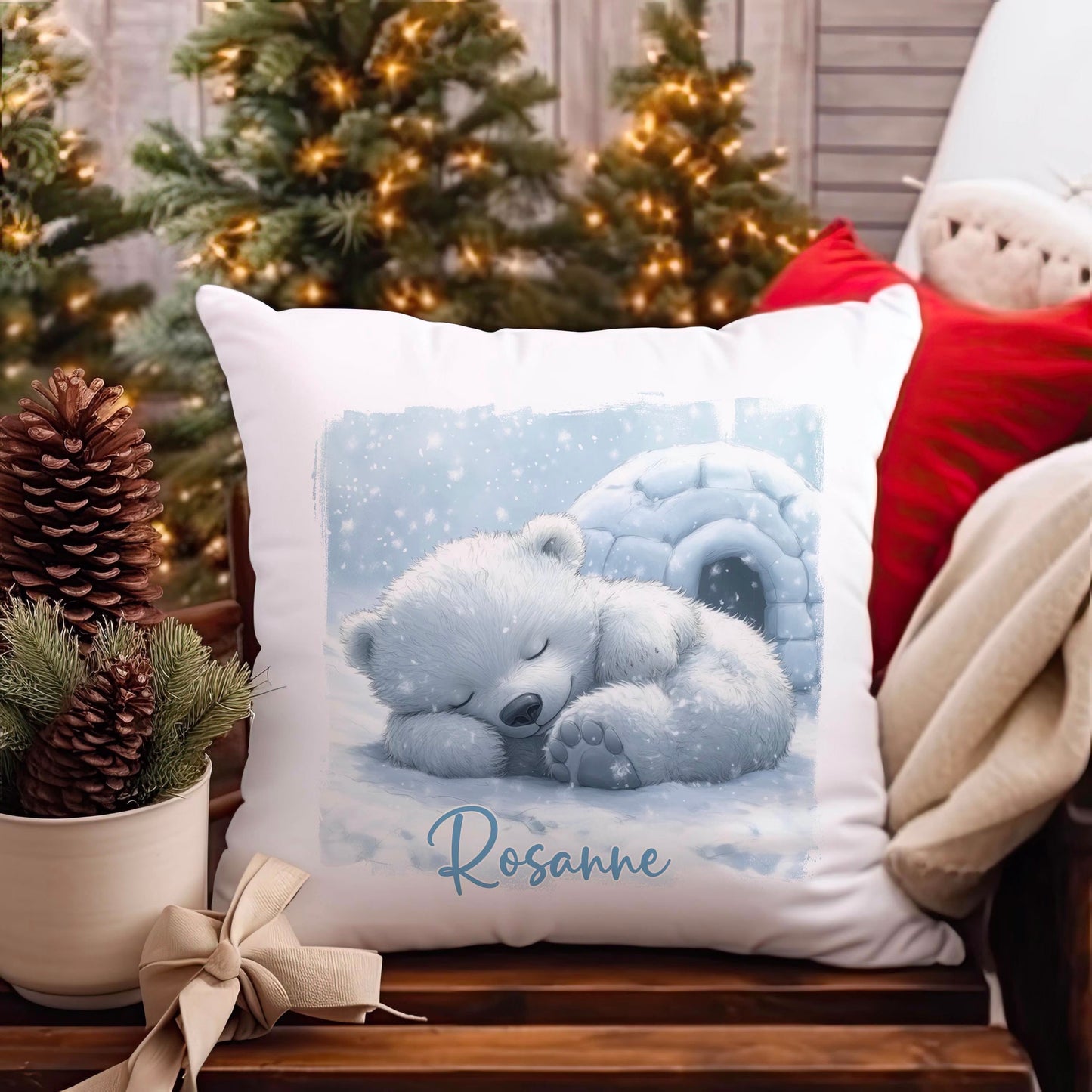 Personalised Polar Bear Cushion Cover – Soft Off White Zippered Sofa Pillow Case 40x40cm - Cushion cover only