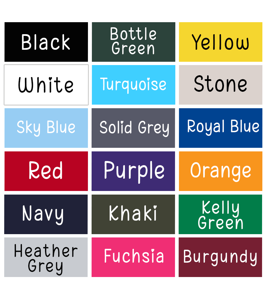 Colour swatch chart showing all available personalised polo shirt colours