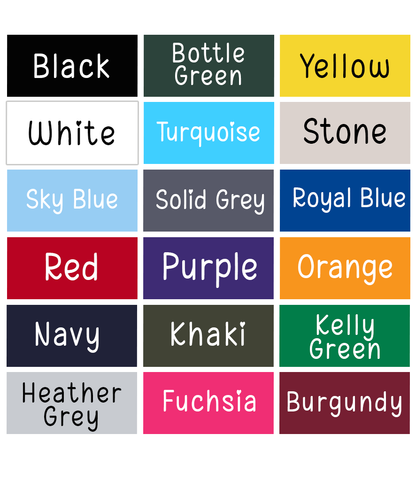 Colour swatch chart showing all available personalised polo shirt colours
