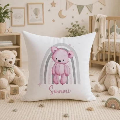 Personalised Teddy Bear Cushion – Pink Rainbow Nursery Pillow