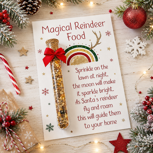 Magical Reindeer Food gift card on a wooden surface surrounded by Christmas decorations, showing a clear cork-stopped tube of seed mix tied with a red bow.
